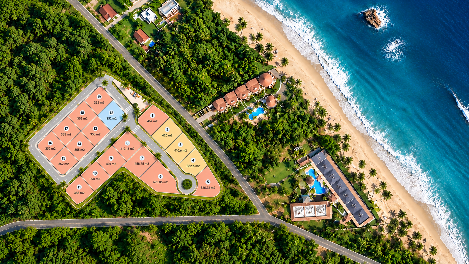 Villas del Sol site plan showing sold plots and the four available plots: 2, 3, 4 and 12